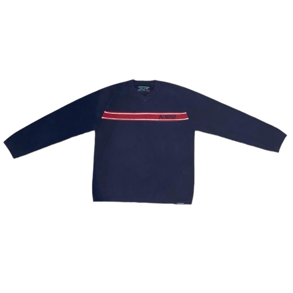 Abercrombie & Fitch V-Neck Heavy Knit Sweater Navy Blue A-1892 Red Stripe Size L